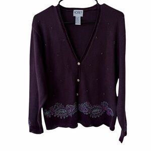 Koret Deep Purple Knit Cardigan with Teal‎ Embroidery and crochet hems Size M